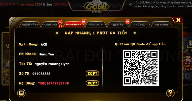 Nạp go88 chưa đến 1 phút tiền đã vào tài khoản