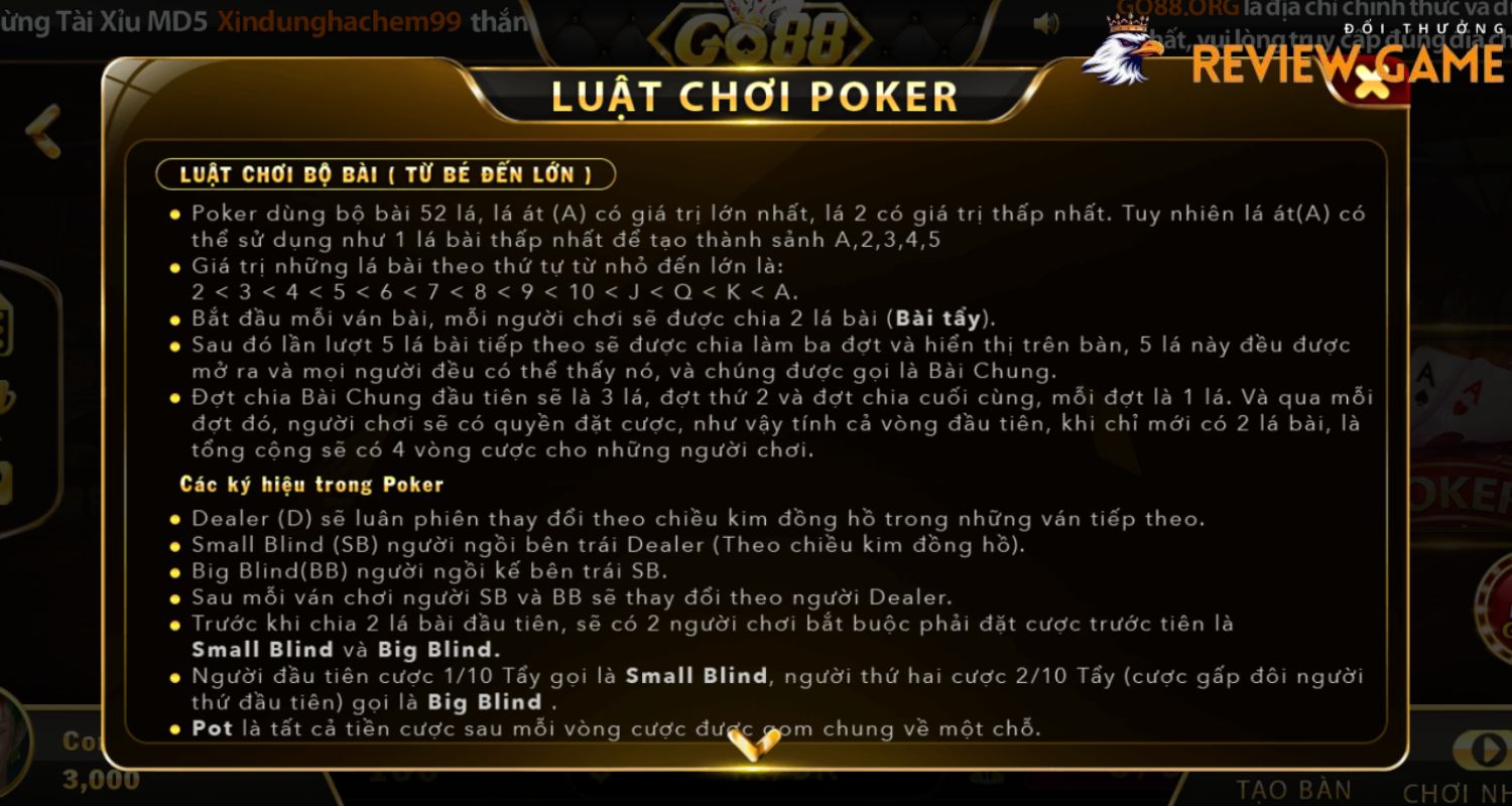 Hướng dẫn chi tiết về luật chơi Poker Go88